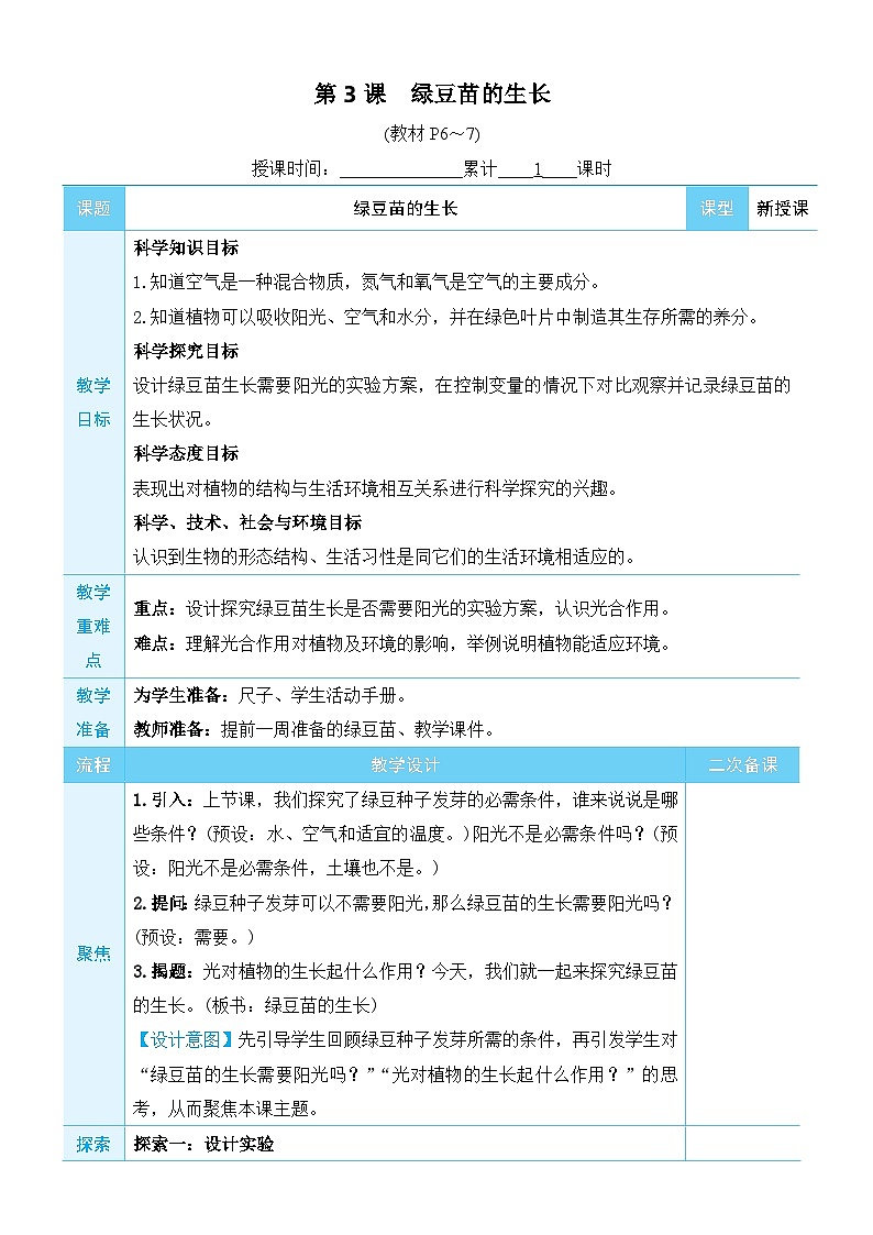 教科版科学五年级下册第3课 绿豆苗的生长教案01