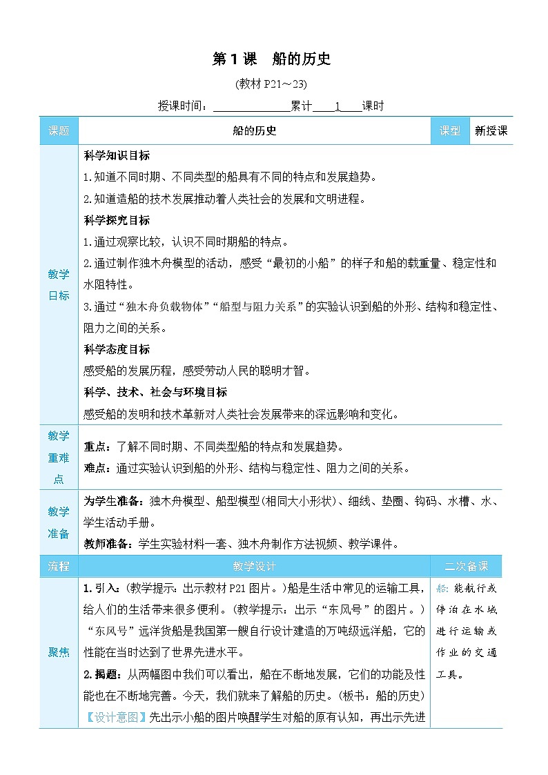 教科版科学五年级下册第1课 船的历史教案第3页