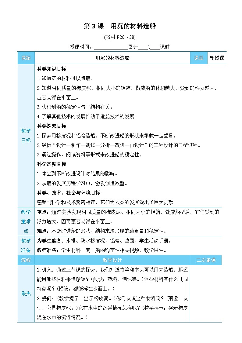 教科版科学五年级下册第3课 用沉的材料造船教案第1页