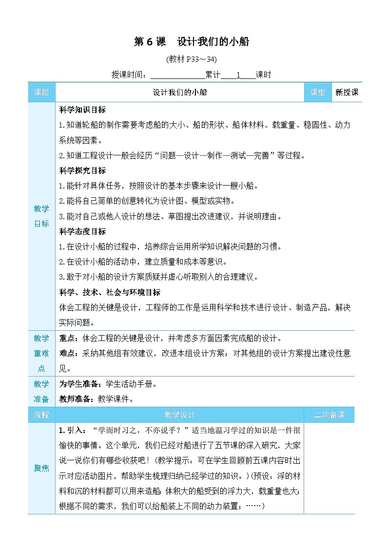 教科版科学五年级下册第6课 设计我们的小船教案第1页