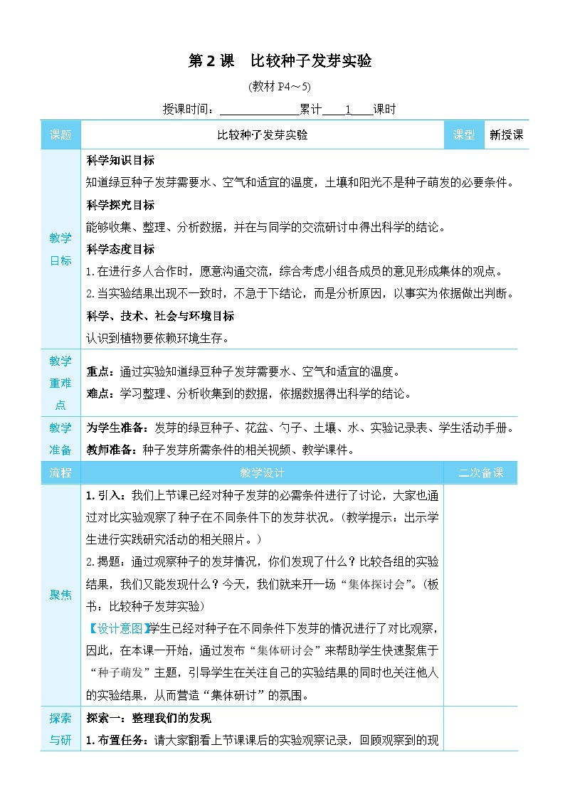 教科版科学五年级下册第2课 比较种子发芽实验教案01