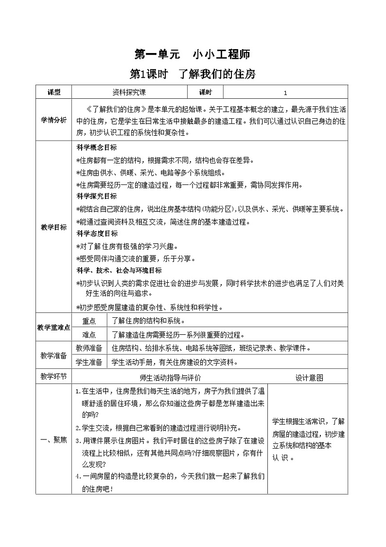 教科版科学六年级下册第1课时  了解我们的住房教案第1页