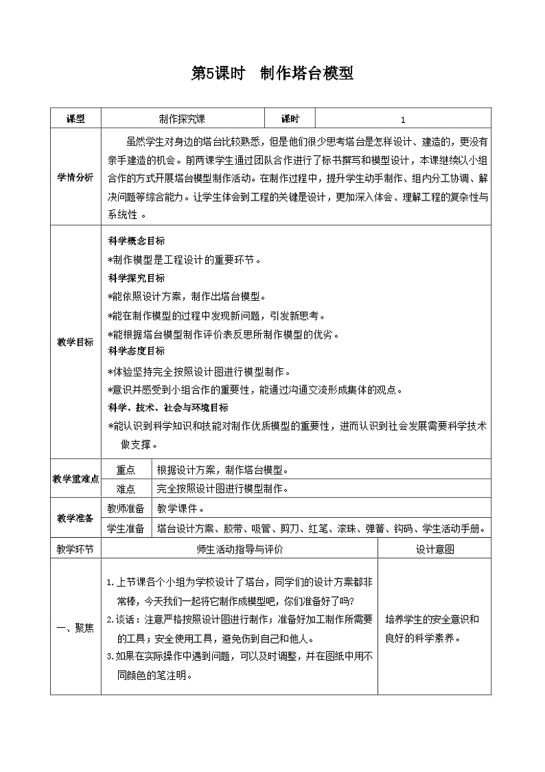 教科版科学六年级下册第5课时 制作塔台模型教案第1页
