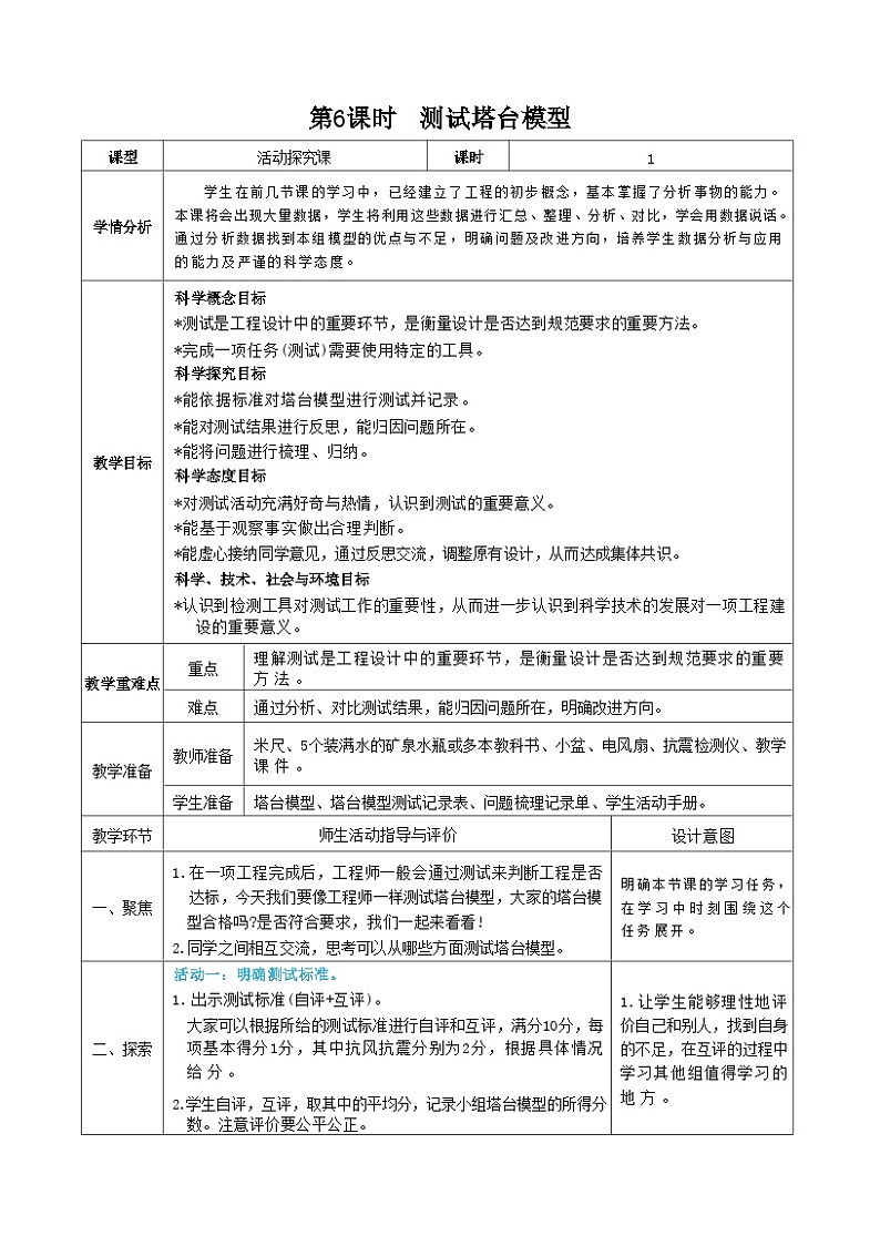 教科版科学六年级下册第6课时 测试塔台模型教案01