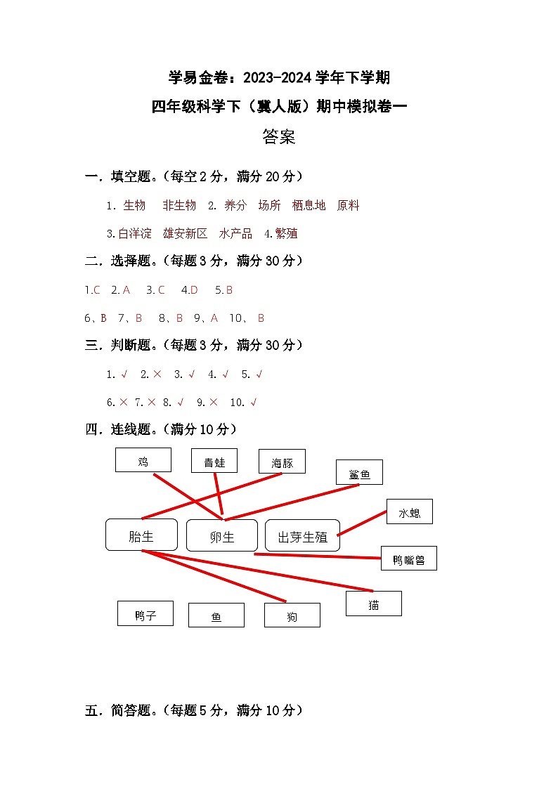 2023-2024学年(冀人版)四年级科学下册期中测试卷(基础卷01).zip01