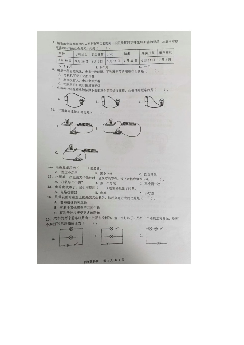 浙江省杭州市萧山区多校2023-2024学年四年级下学期科学期中试题02