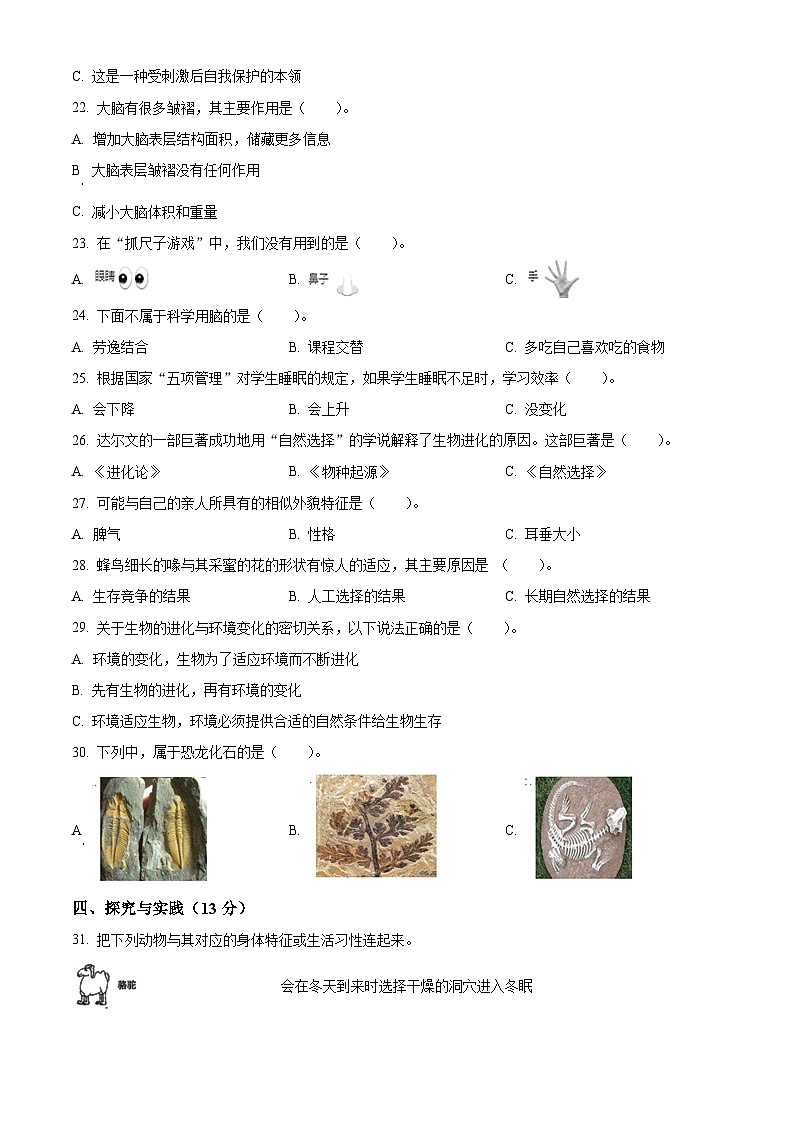 2023-2024学年湖北省孝感市孝昌县粤教版六年级上册期末考试科学试卷(原卷版)第2页