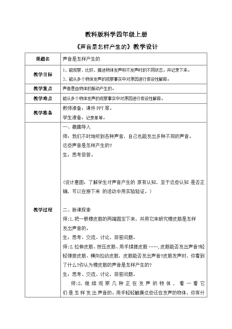 2024-2025教科版小学科学四年级上册 2.《声音是怎样产生的》教学设计第1页