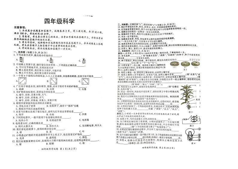 湖南省郴州市2023-2024学年四年级下学期7月期末科学试题第1页