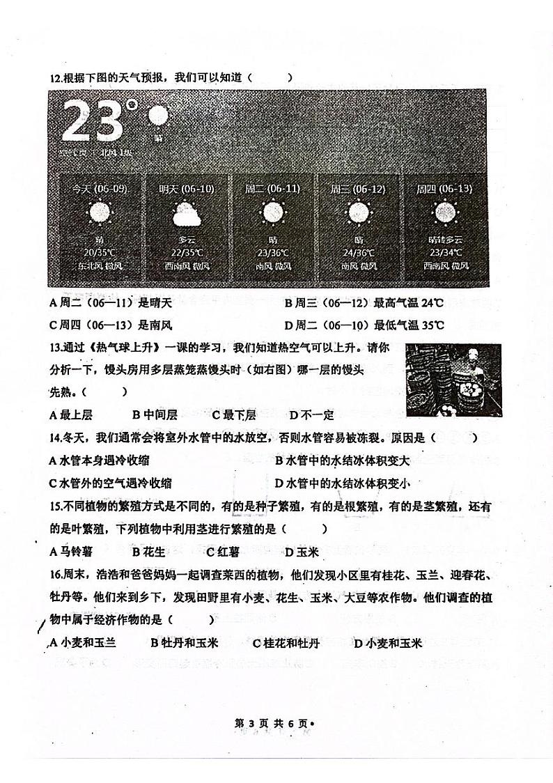 山东省青岛莱西市2023-2024学年三年级下学期7月期末科学试题03