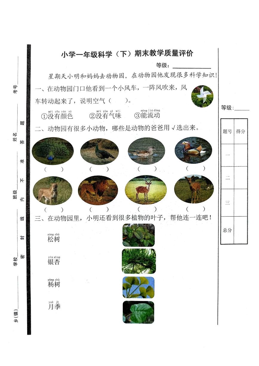 山东省聊城市冠县2023-2024学年一年级下学期期末考试科学试题