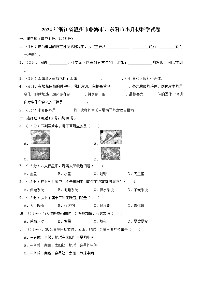 2024年浙江省温州市临海市、东阳市小升初科学试卷