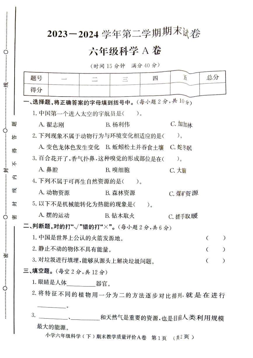 山东省聊城市莘县2023-2024学年六年级小升初考试科学试题