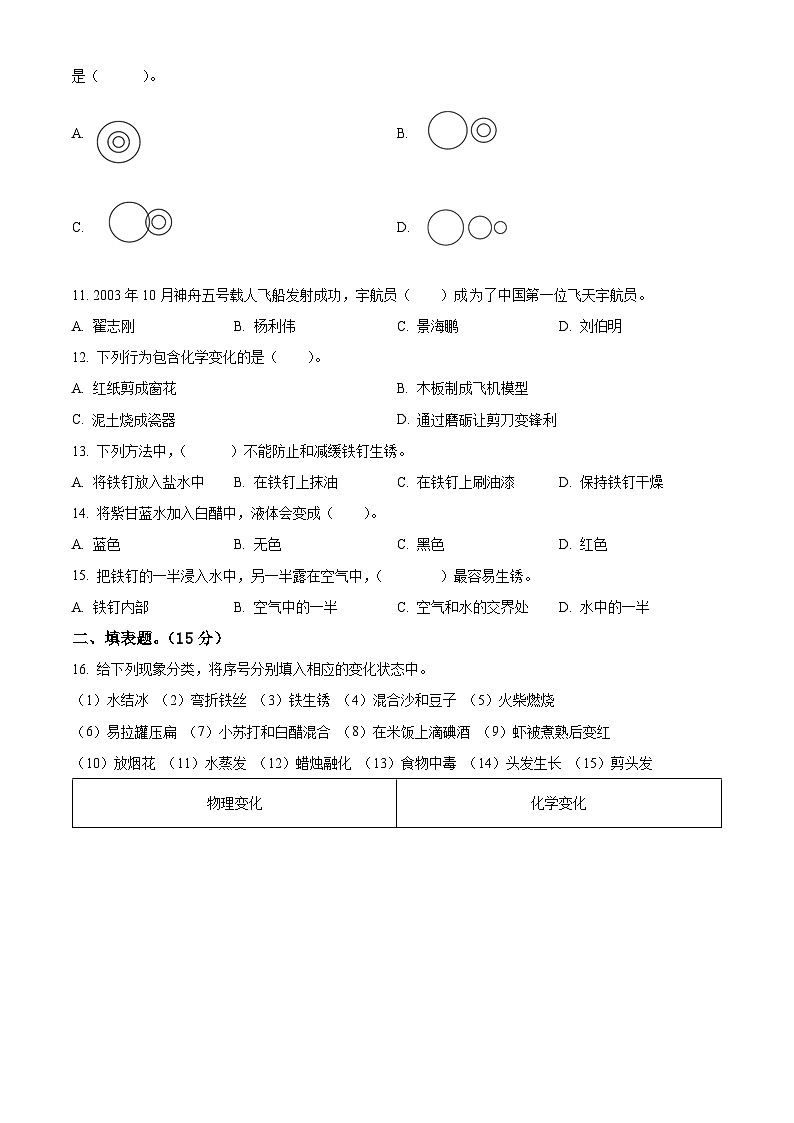 湖南省长沙市雨花区2023-2024学年教科版六年级下册期末考试科学试卷(原卷版)第2页