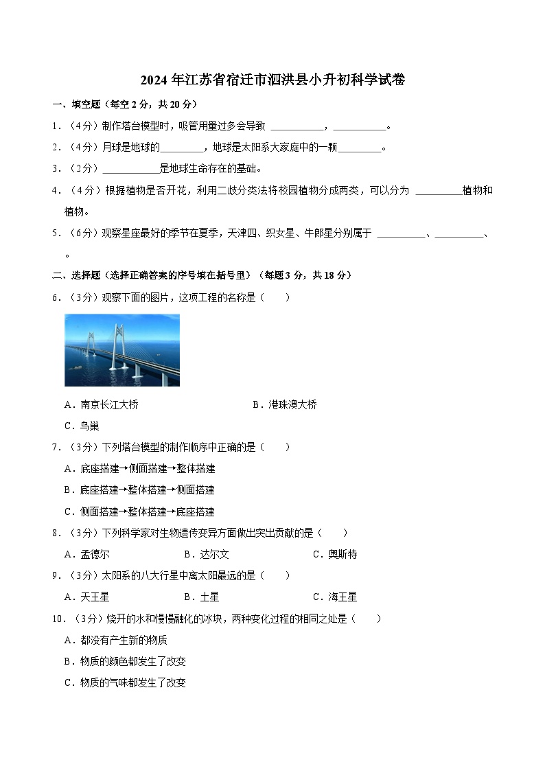 2024年江苏省宿迁市泗洪县小升初科学试卷