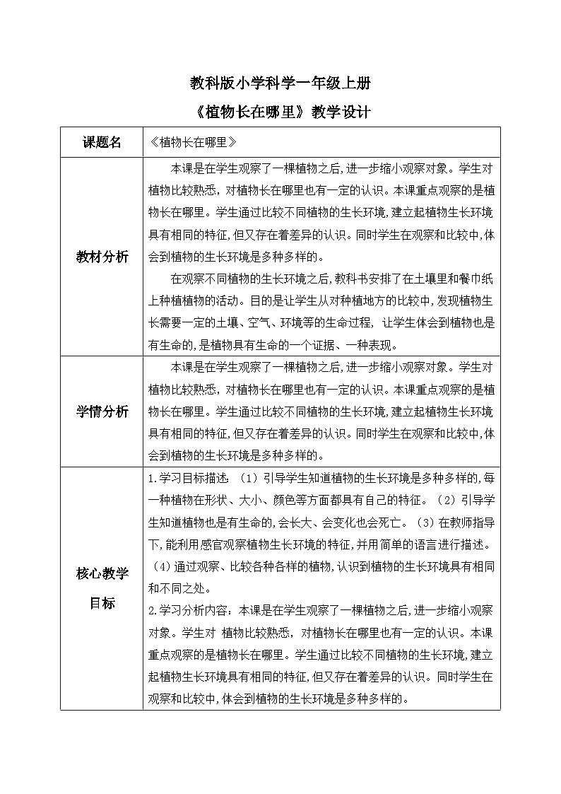 【核心素养】教科版小学科学一年级上册 3.植物长在哪里 课件ppt+ 教案01