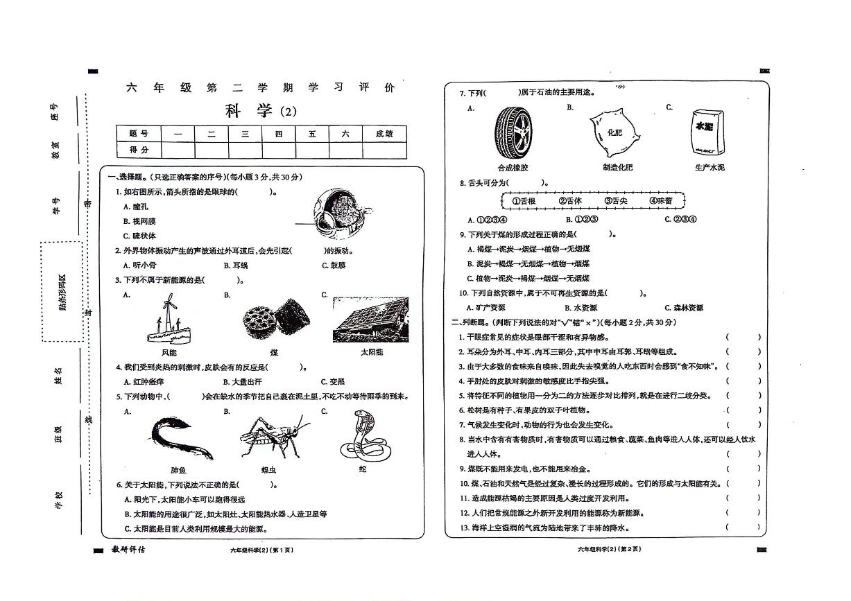 山东省济宁市金乡县2023-2024学年六年级下册期中科学试卷