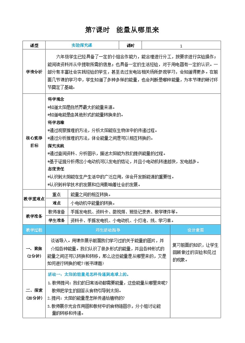【核心素养】教科版科学六上第7课时  能量从哪里来(教案)第1页