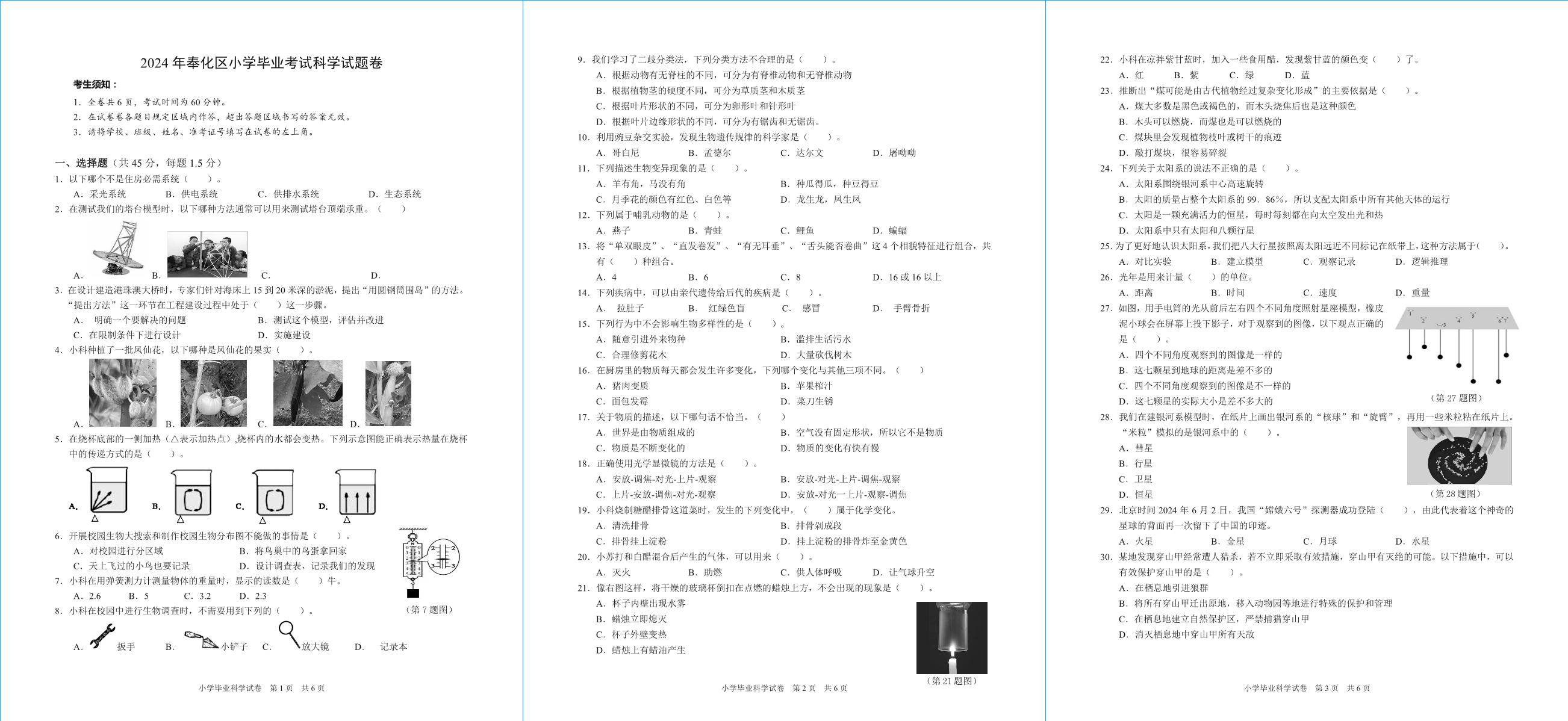 浙江省宁波市奉化区2023-2024学年六年级下学期毕业考试科学试题