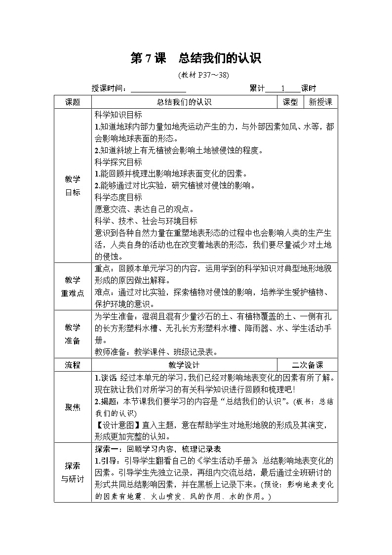 教科版小学五年级上册科学第2章 地球表面的变化 第7课 总结我们的认识 教案01