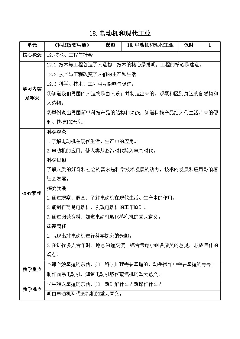 【新课标】苏教版科学六上5.18《电动机与现代工业》教案(含练习+反思)01