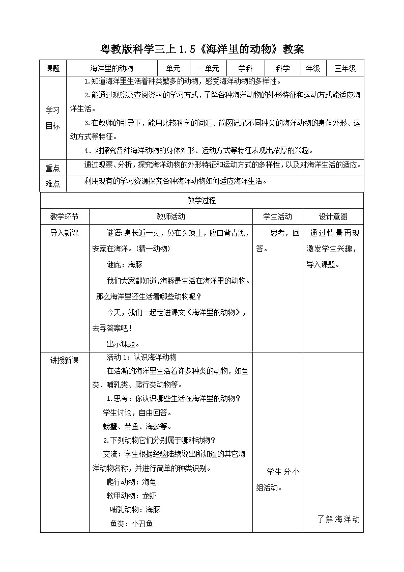 粤教粤科版(2017)科学三年级上册1.5《海洋里的动物》课件+教案+练习01