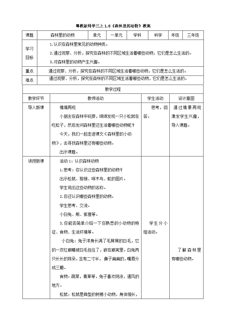 粤教粤科版(2017)科学三年级上册1.6《森林里的动物》课件+教案+练习01