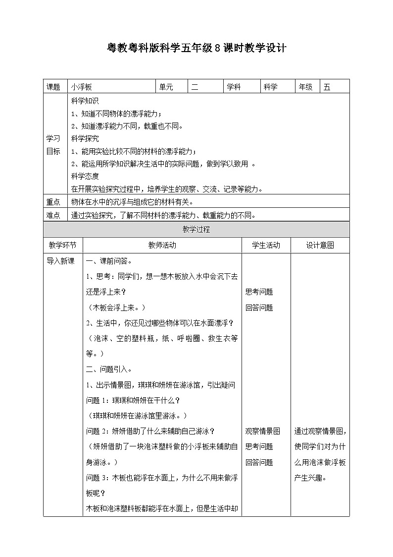 粤教粤科版(2017)科学五年级上册2.8《小浮板》课件+教案+练习01