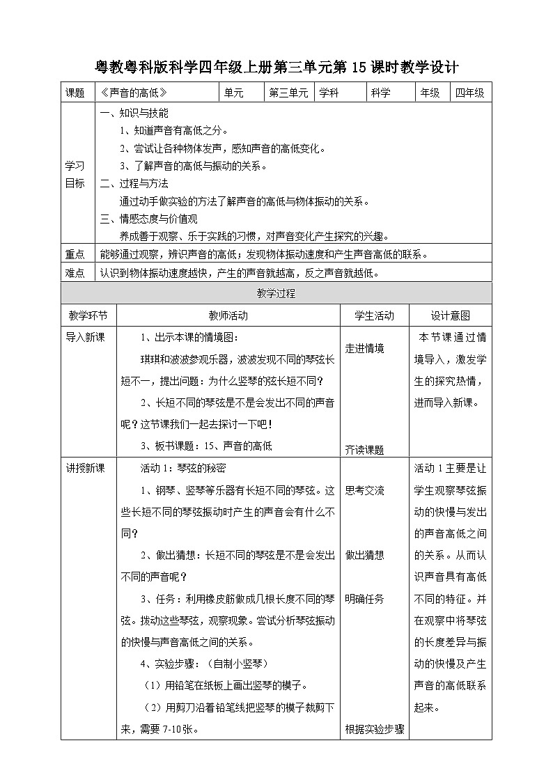 粤教粤科版(2017)科学四年级上册3.15《声音的高低》课件+教案+练习+素材01