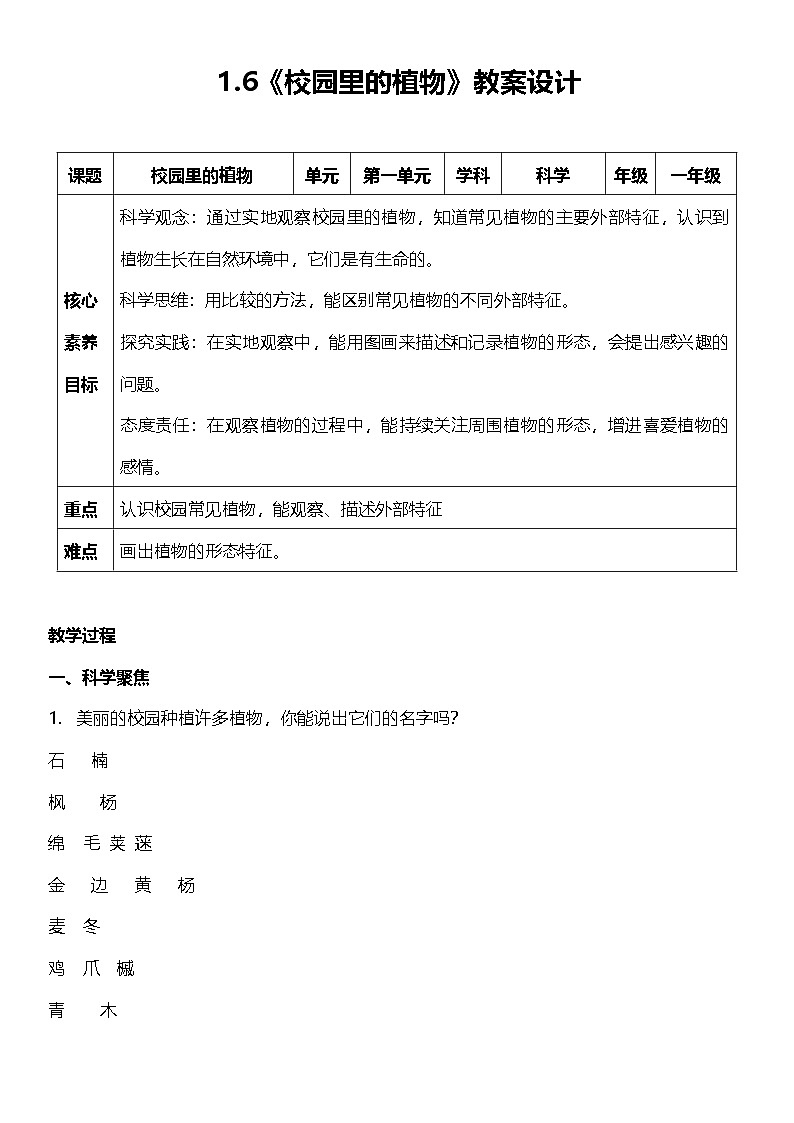 【新课标】教科版科学一上1.6 《校园里的植物》课件+教案01