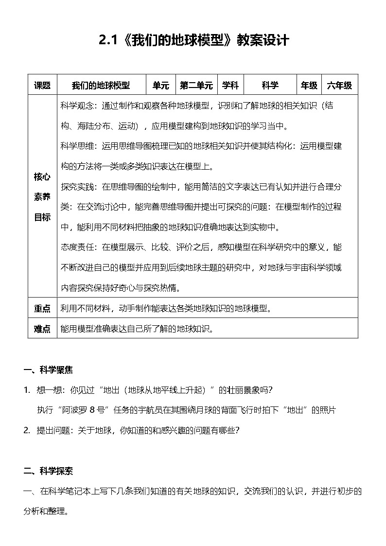 【新课标】教科版科学六年级上册2.1 《我们的地球模型》 教学课件+教案+素材01