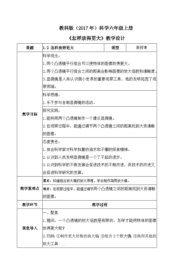 【核心素养】教科版科学六年级上册 1.2 怎样放得更大(教学设计)第1页