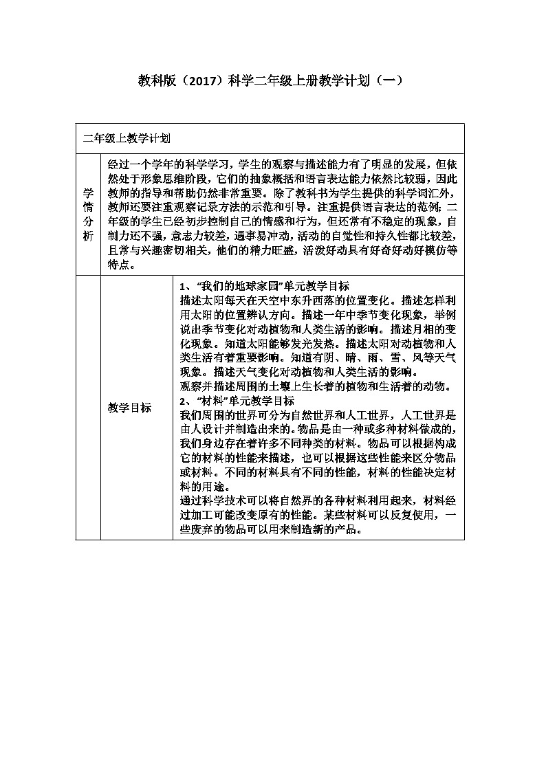 2023教科版(2017)科学二年级上册教学计划(三篇)第1页