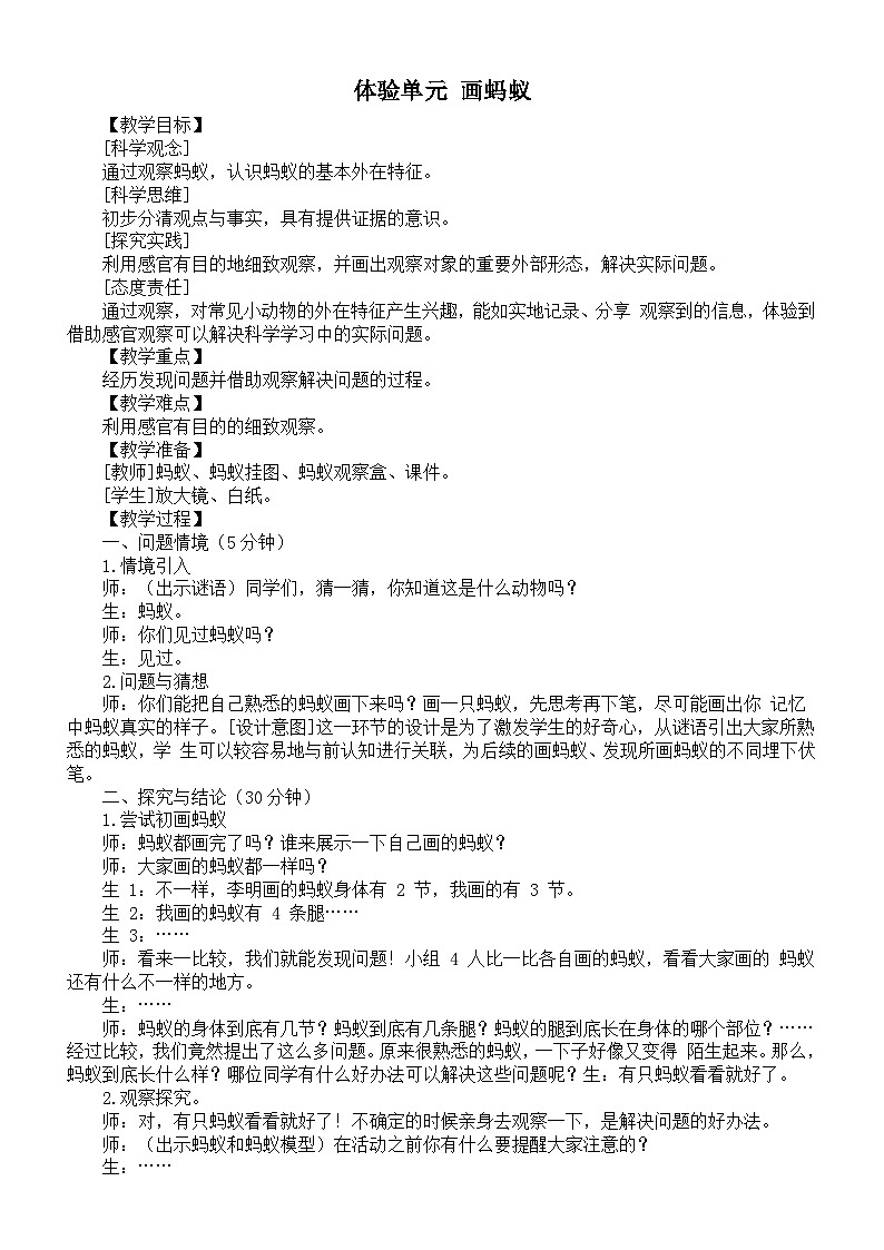 小学科学新大象版一年级上册体验单元《画蚂蚁》教案(2024秋)01