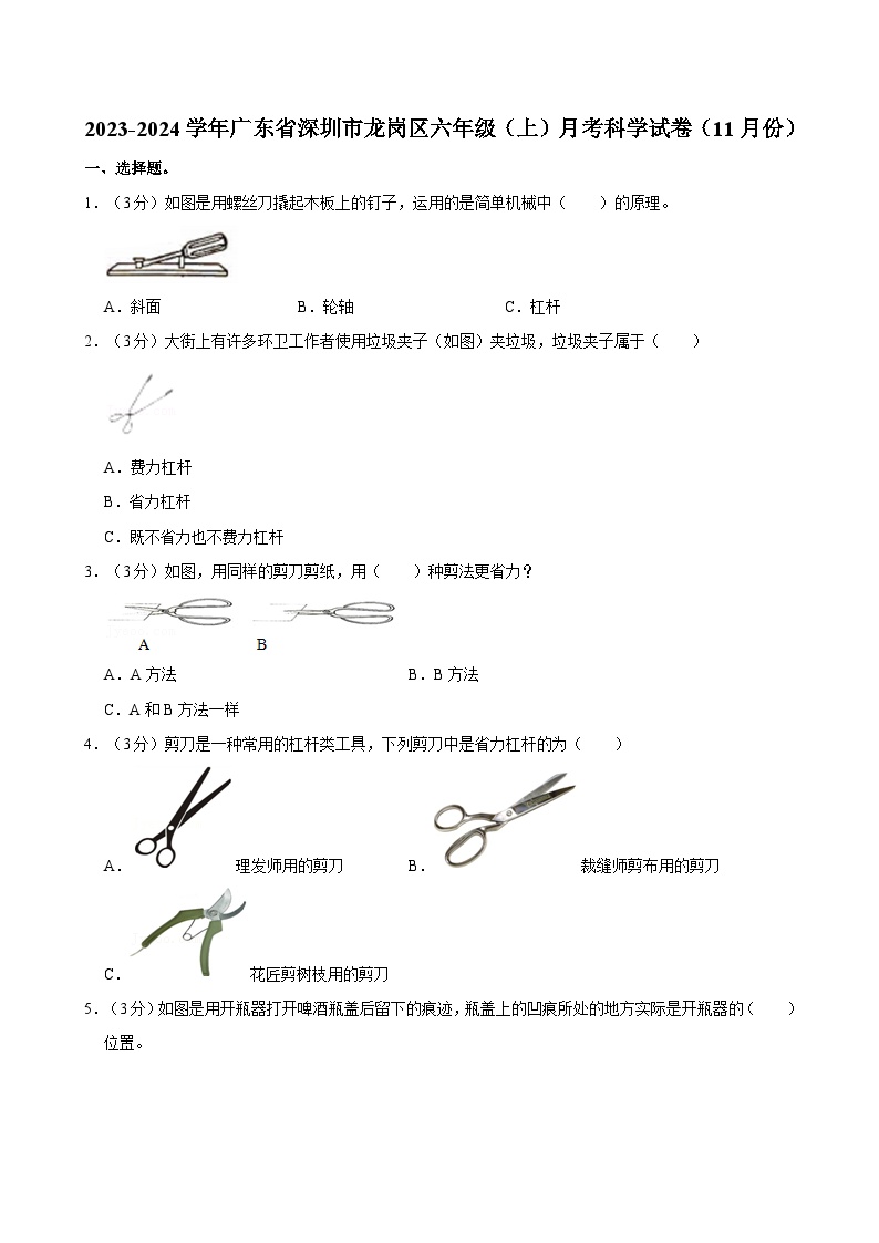 广东省深圳市龙岗区2023-2024学年六年级上学期11月月考科学试题