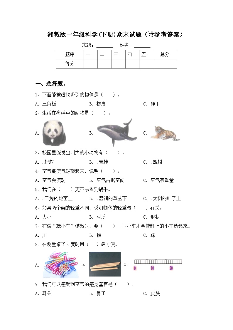 期末考试模拟试卷（试题）2023-2024学年一年级下册科学湘教版