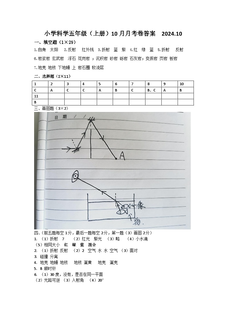 五上第一单元10月月考卷(答案)第1页