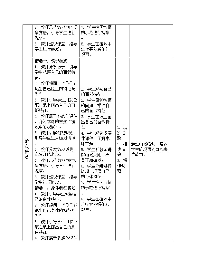 《第二单元 我们自己:3 游戏中的观察》(教学设计)-2024-2025学年教科版科学一年级上册03