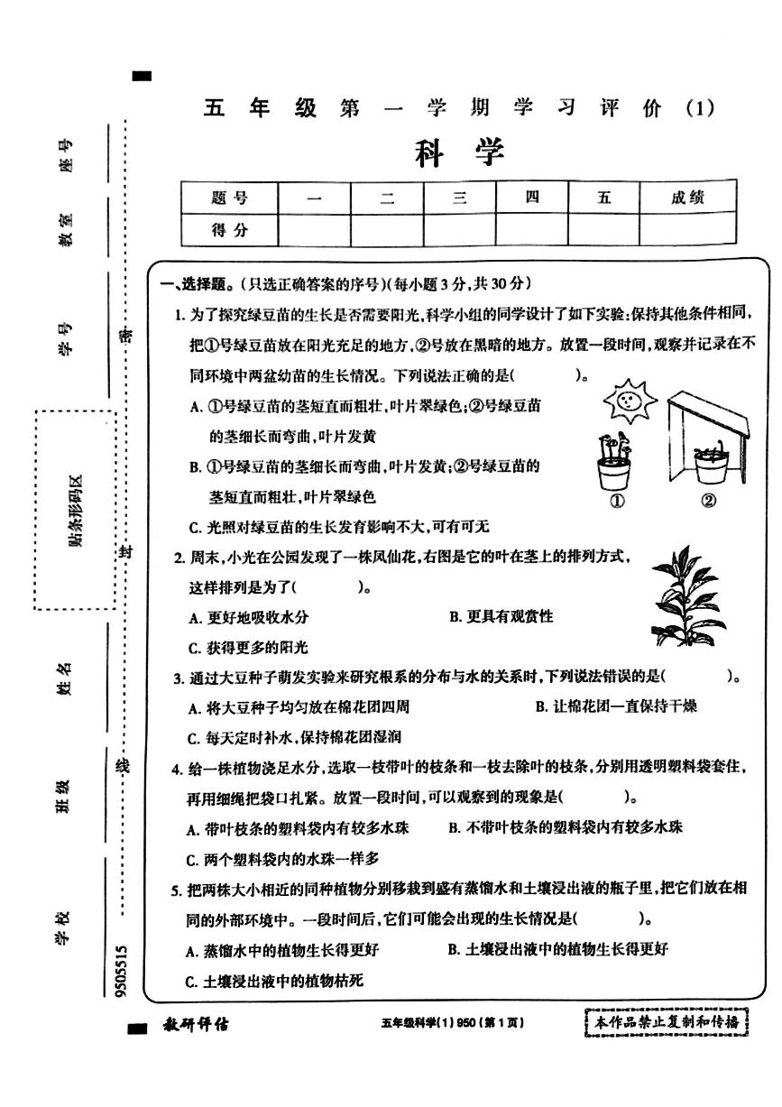 河南省周口市鹿邑县鸣鹿办事处中心学校2024-2025学年五年级上学期10月月考科学试题