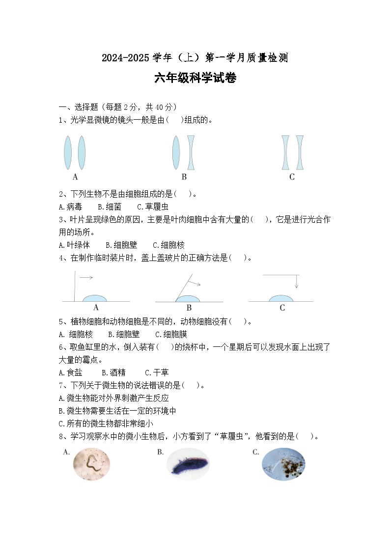 四川省自贡市蜀光绿盛实验学校2024-2025学年六年级上学期10月月考科学试题