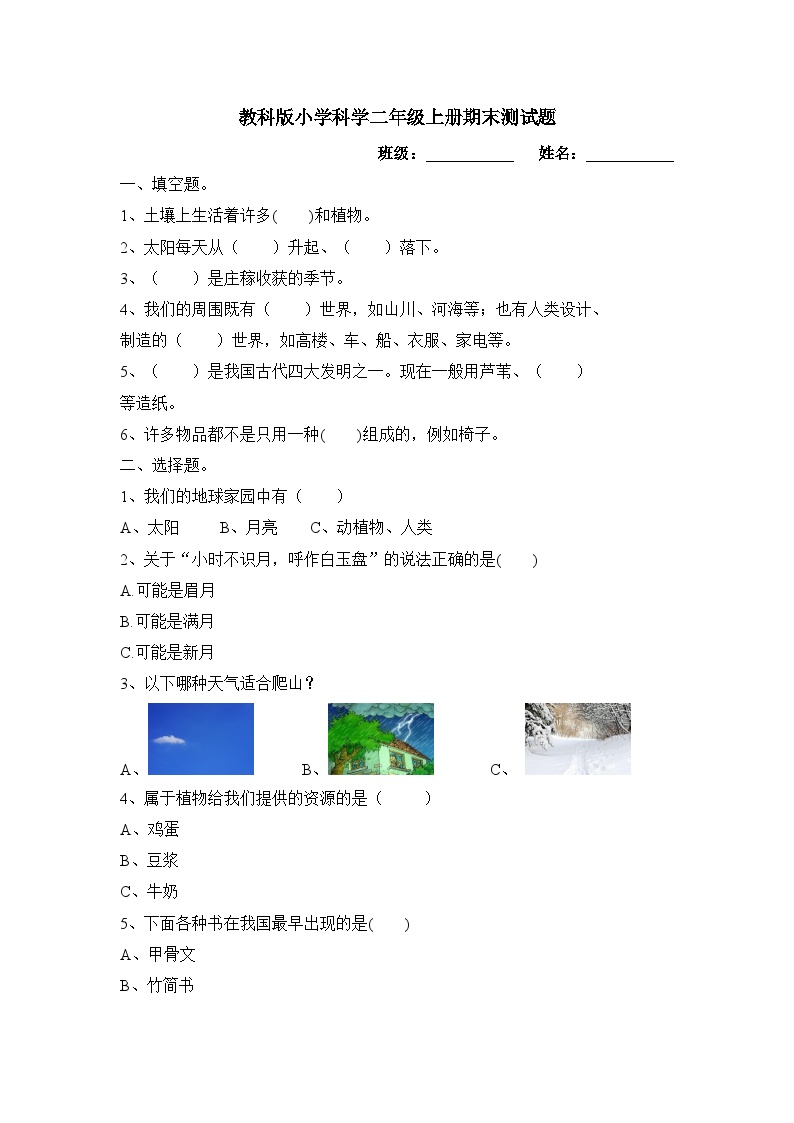 二年级教科版科学上册期末测试题