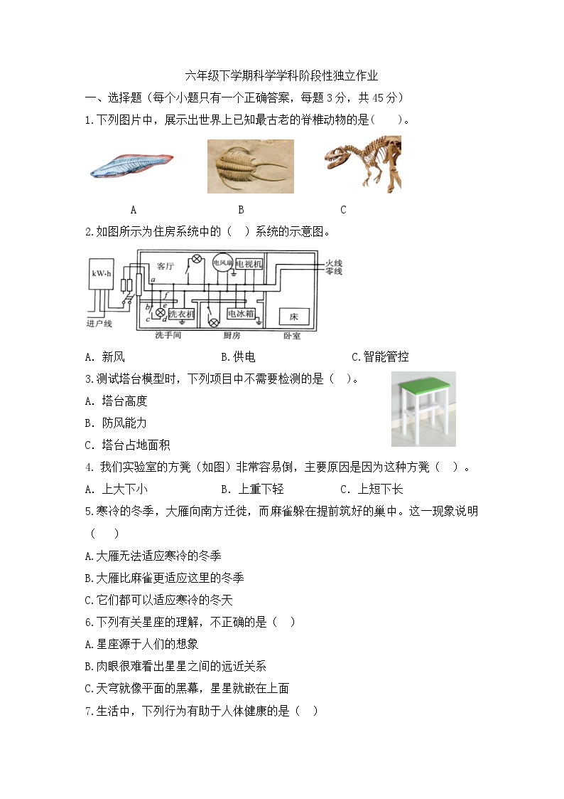 《六年级下册科学教科版》期中检测