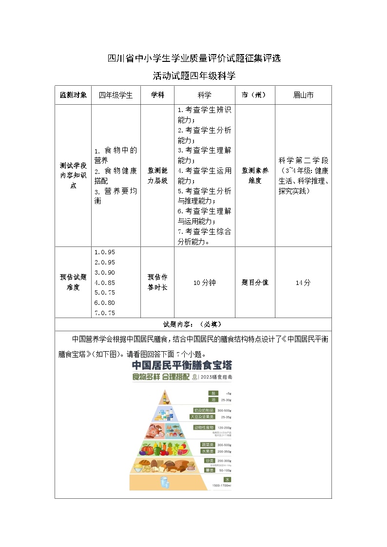 小学教科版科学四年级上册《营养要均衡》四川省中小学生学业质量评价试题征集评选活动试题