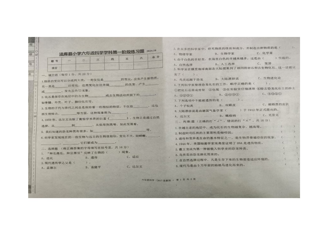 辽宁省沈阳市法库县2024-2025学年六年级上学期11月月考科学试题