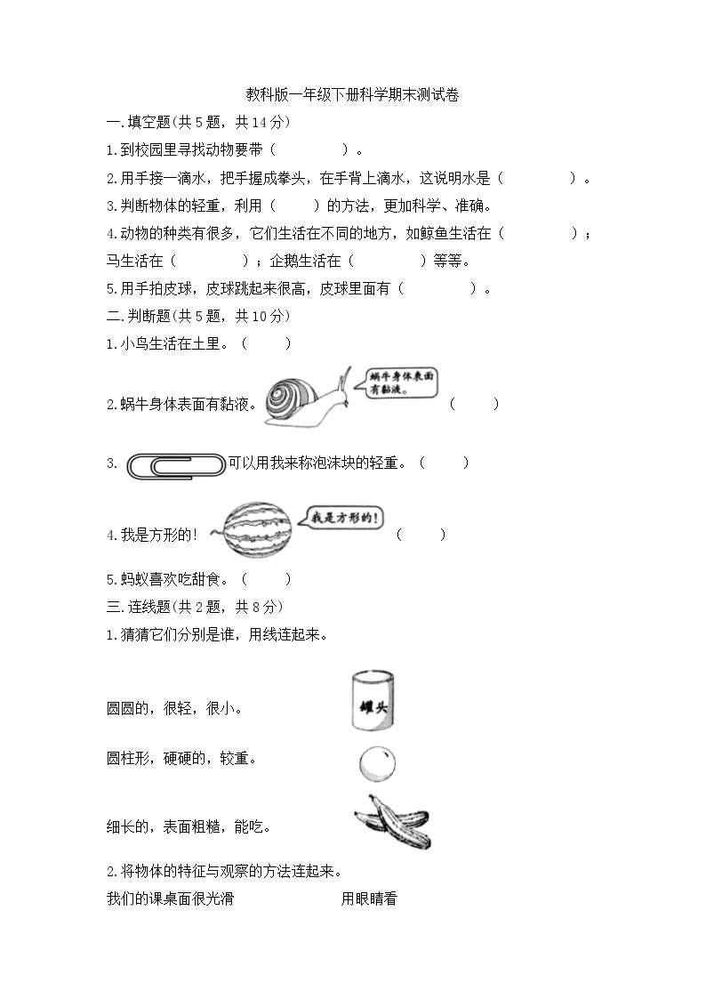 教科版科学一年级下册期末检测