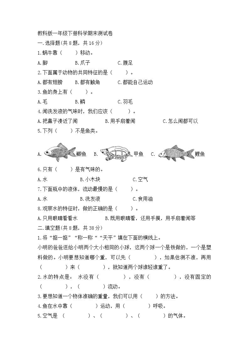 教科版一年级下册科学期末测试卷（培优）