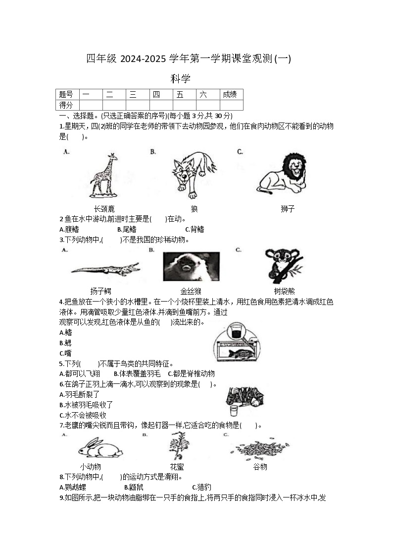 山西省大同地区2024-2025学年四年级上学期期中课堂观测（一）科学试题