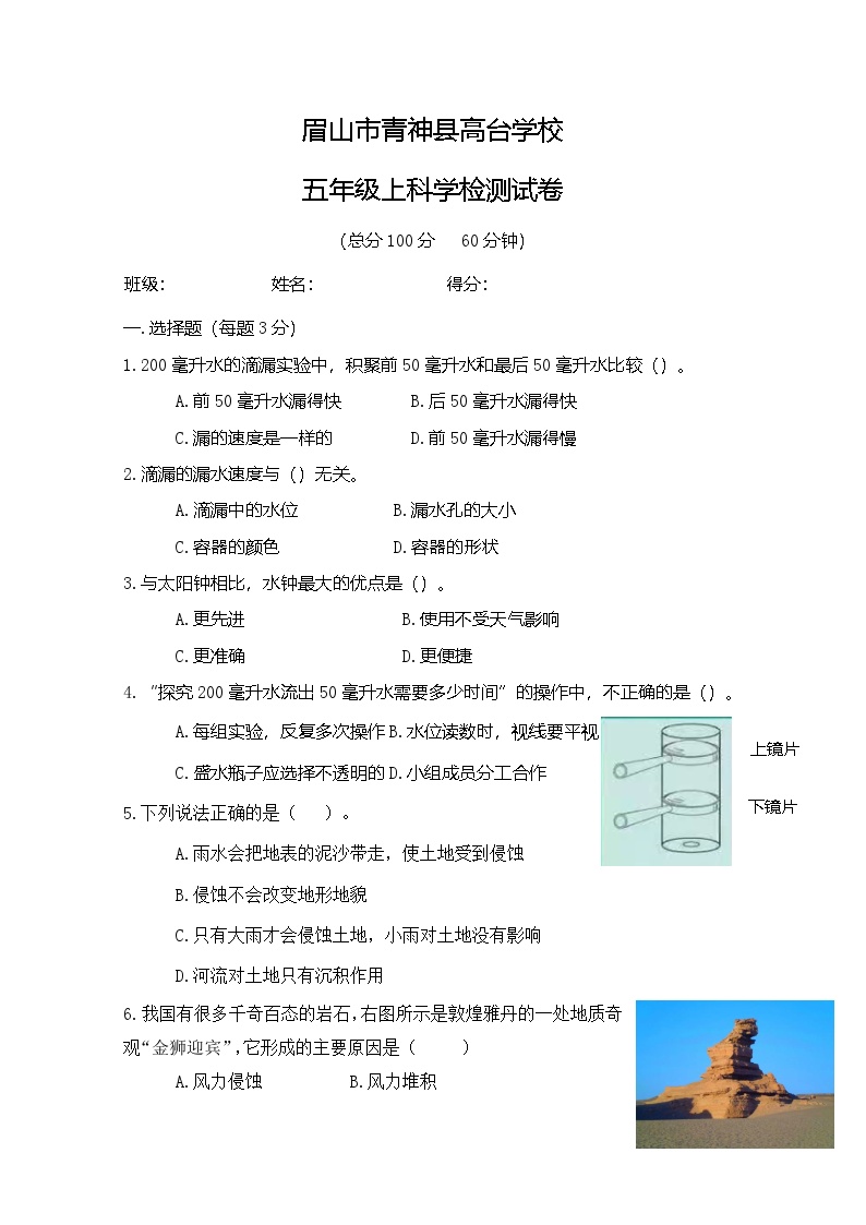 四川省眉山市青神县高台学校2024-2025学年五年级上学期期中测试卷科学试卷