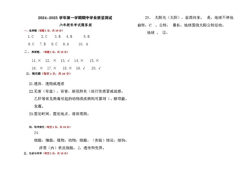 山东省德州市庆云县2024-2025学年六年级上学期期中科学试题01