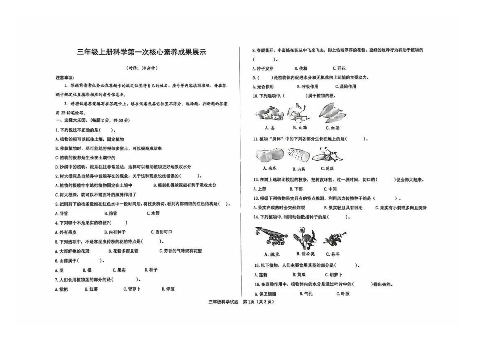 山东省济南市莱芜区2024-2025学年三年级上学期第一次月考科学试题